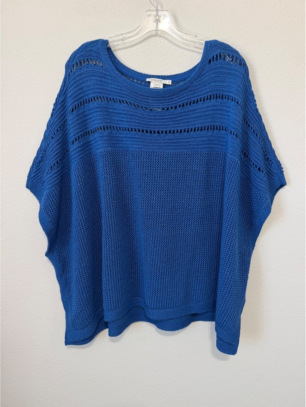 Chico’s Blue Cotton Blend Open Knit Pullover Poncho Boxy Sweater Size L/XL
